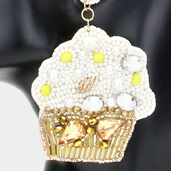 Ivory White Beaded Cupcake Dangle Earrings Cute - Picture 2 of 2